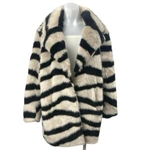 Fabulous Furs Beige Black Striped Faux Fur Teddy Coat Cardigan Sweater Jacket S